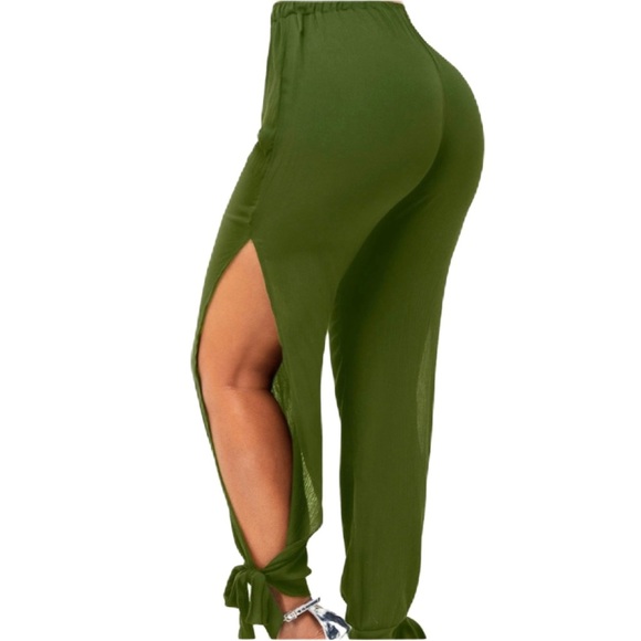 Army Green Side Slit Drawstring Waist Pants, Size Large - Picture 3 of 3